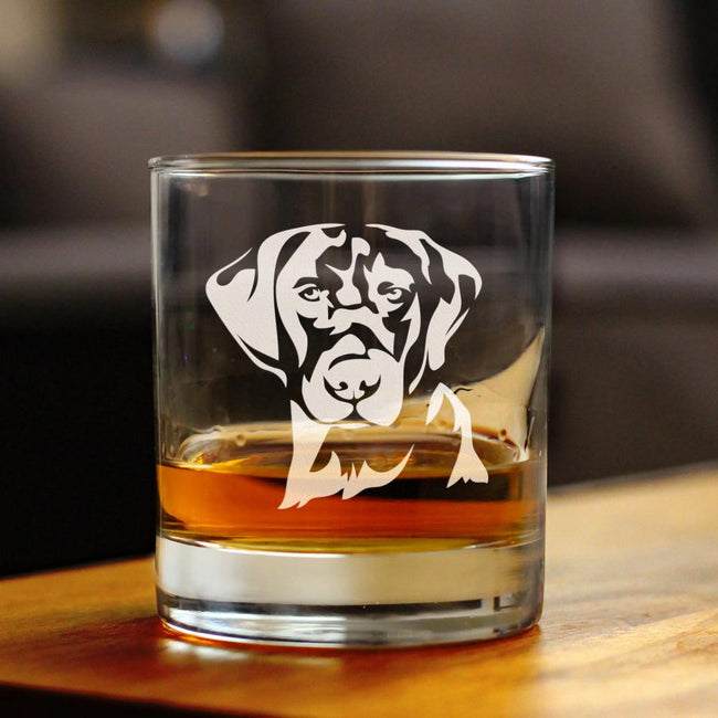 Black Lab Face - Whiskey Rocks Glass for Men & Women - Labrador Retriever Gifts - Fun Whisky Drinking Tumbler Decor