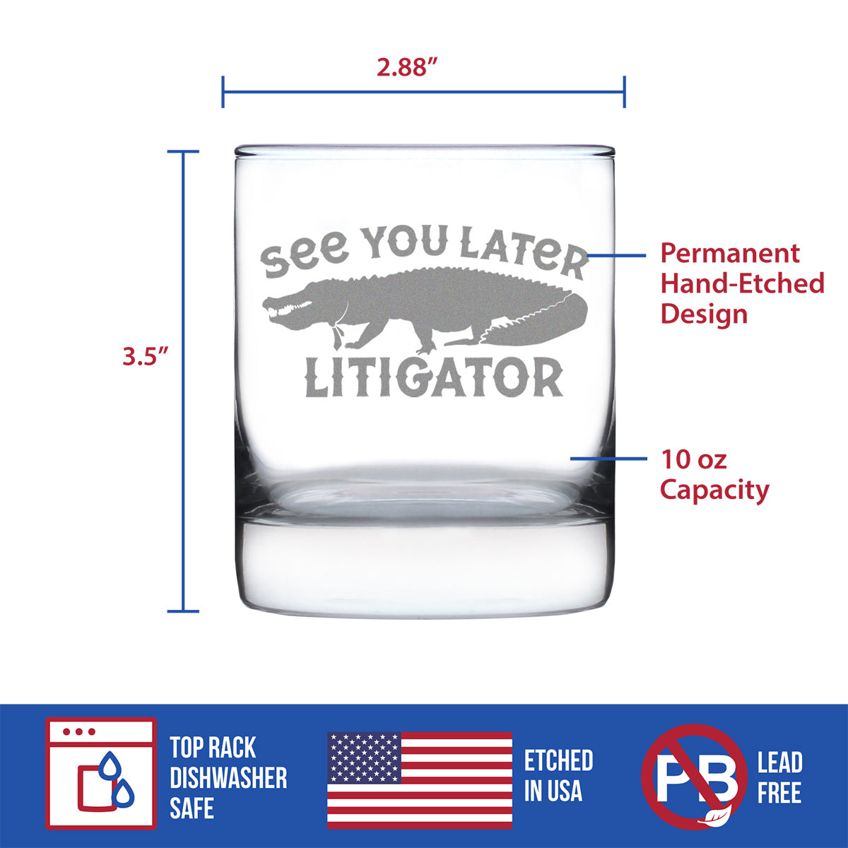 See You Later Litigator - Whiskey Rocks Glass - Funny Lawyer Gifts for Law School Graduates - 10.25 Oz Glass