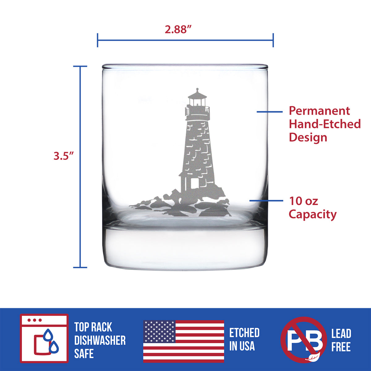 Lighthouse Whiskey Rocks Glass - Nautical Themed Decor and Gifts for Beach Lovers - 10.25 Oz Glasses