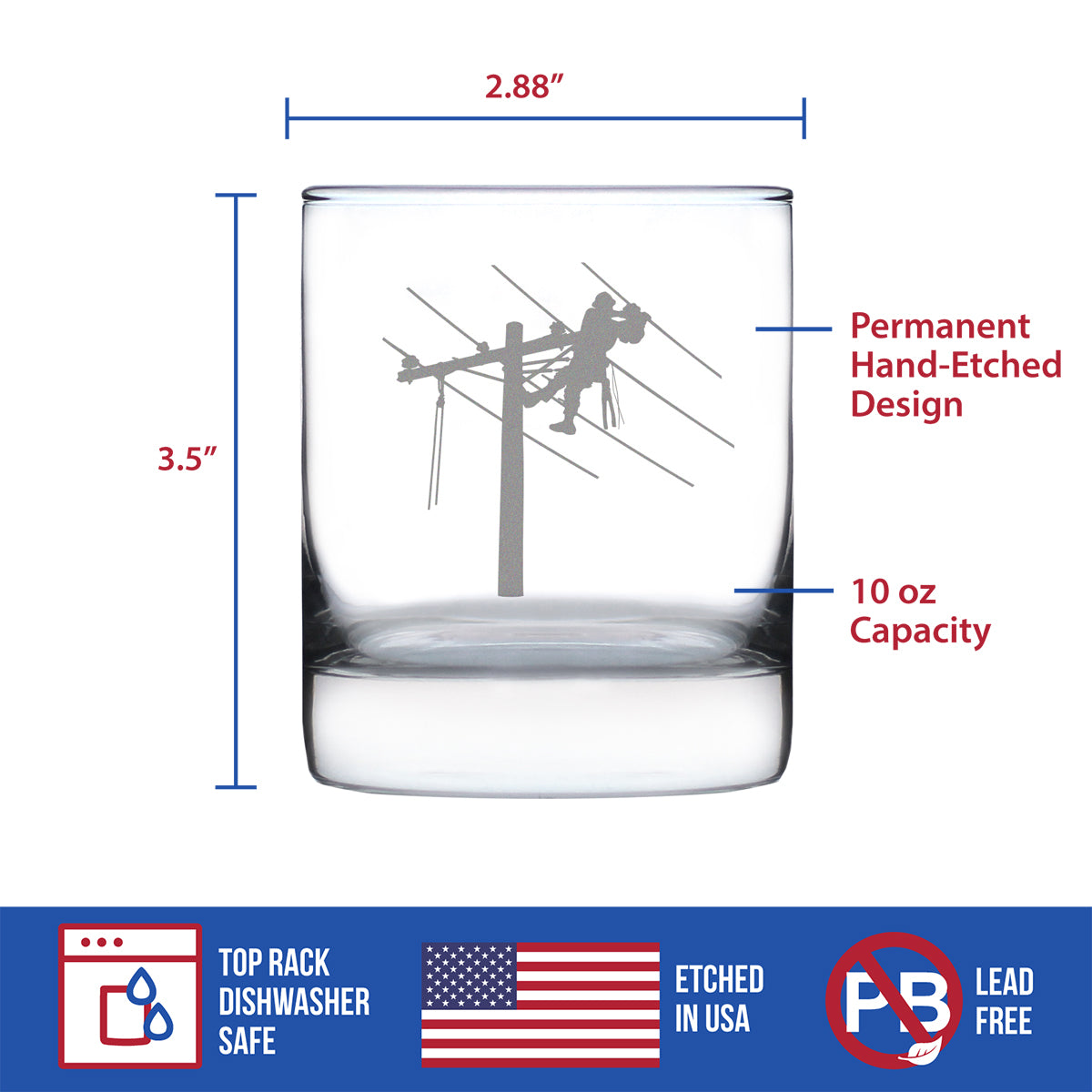 Lineworker Engraved Rocks or Old Fashioned Whiskey Glass, Unique Electrical Themed Gifts for Men and Women who are Lineworkers - 10 oz