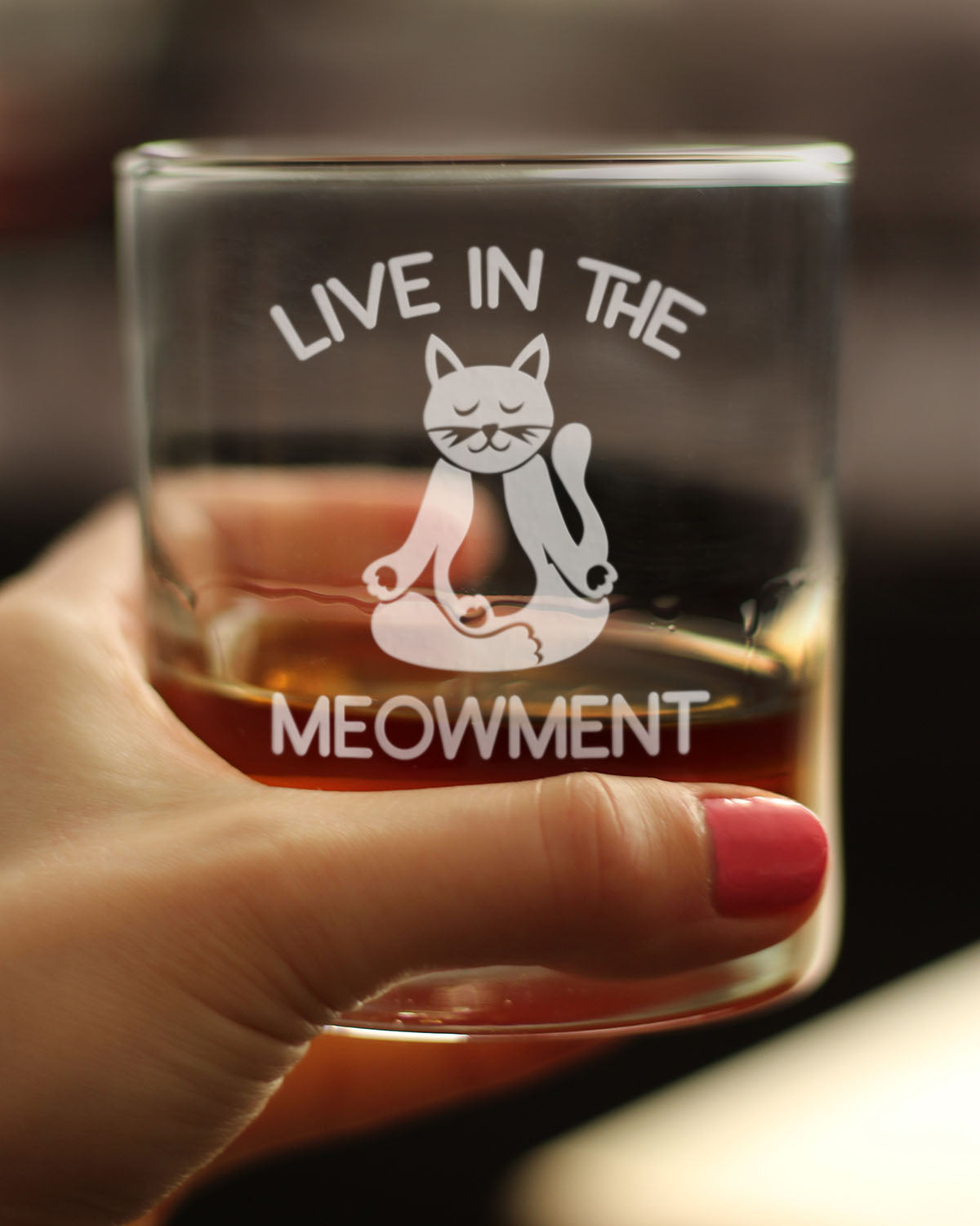 Live In The Meowment - Whiskey Rocks Glass - Funny Cat Gifts and Meditation Themed Decor - 10.25 Oz Glasses