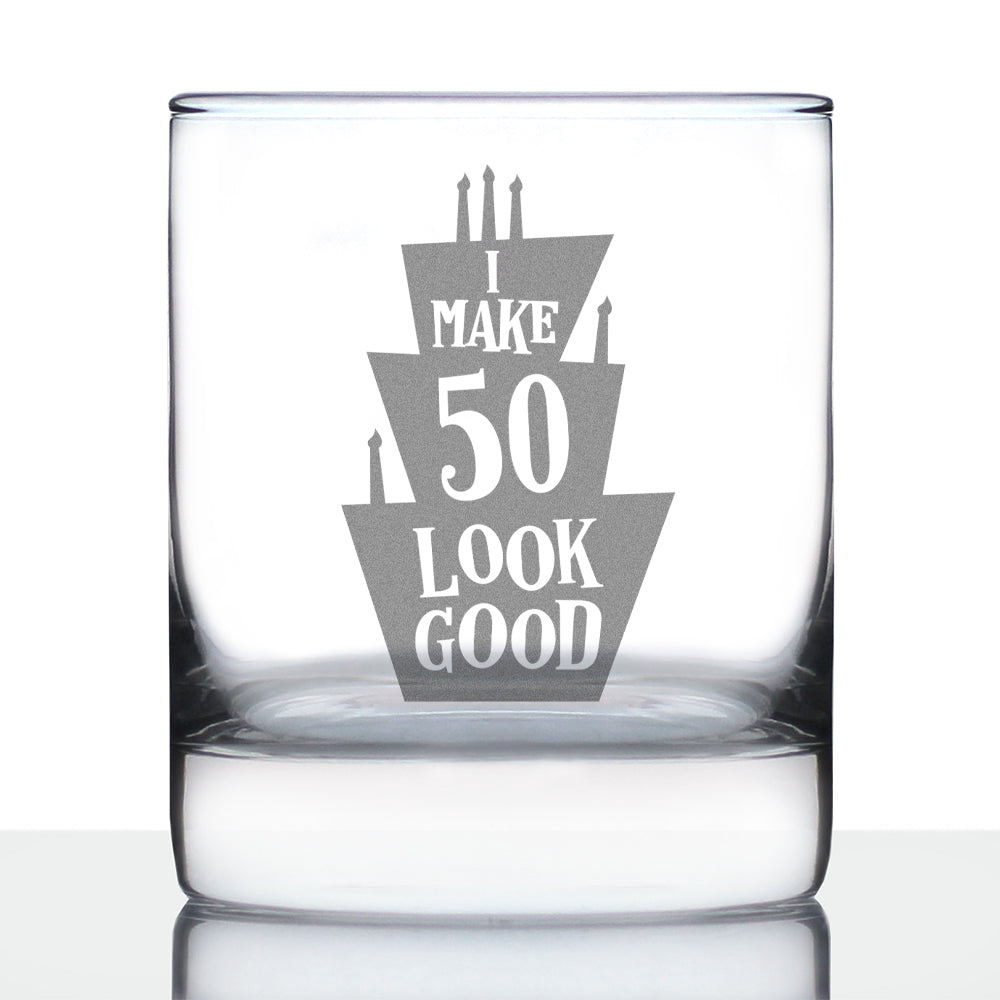 Make 50 Look Good - Funny 50th Birthday Whiskey Rocks Glass Gifts for Men &amp; Women Turning 50 - Whisky Drinking Tumbler