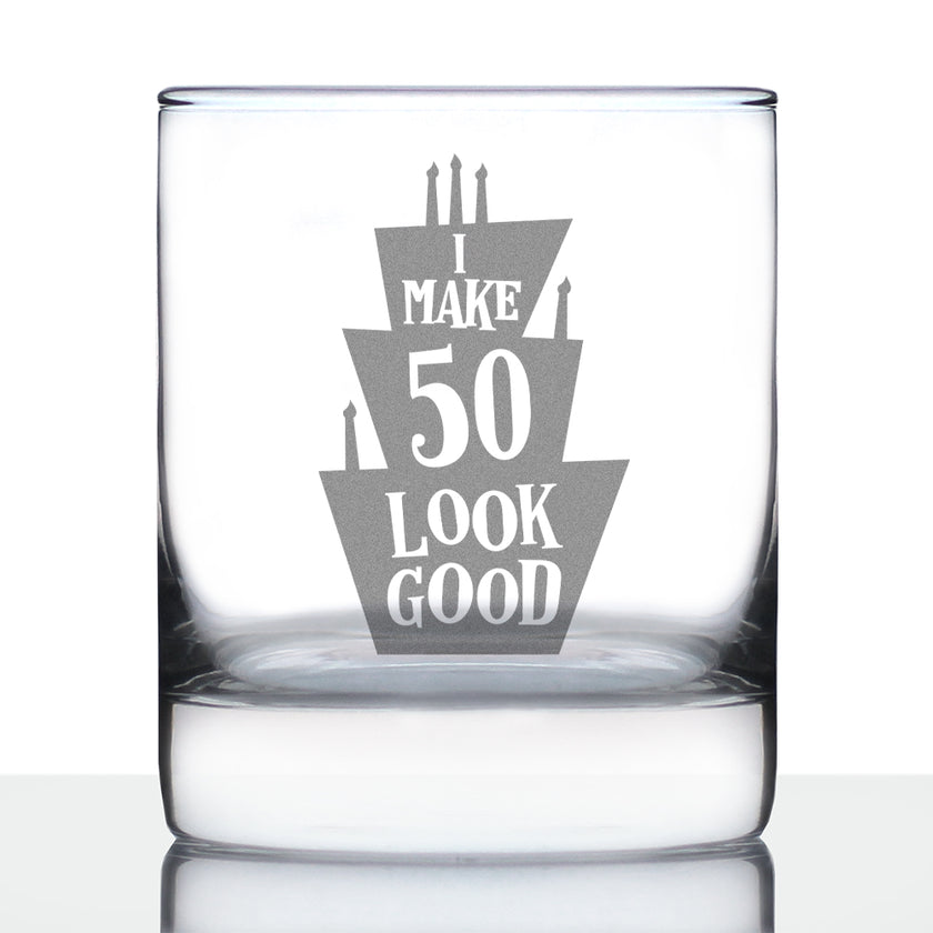 Make 50 Look Good - Funny 50th Birthday Whiskey Rocks Glass Gifts for Men & Women Turning 50 - Whisky Drinking Tumbler