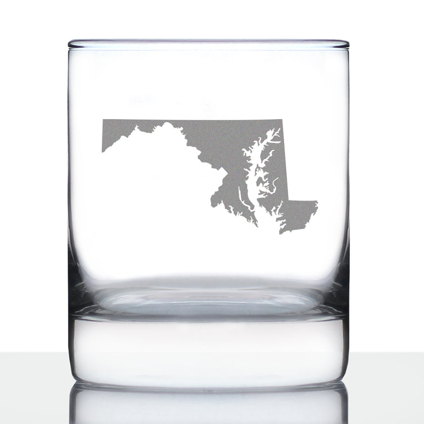 Maryland State Outline Whiskey Rocks Glass - State Themed Drinking Decor and Gifts for Marylander Women & Men - 10.25 Oz Whisky Tumbler Glasses
