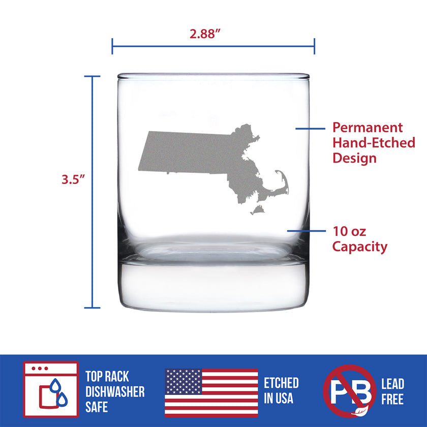 Massachusetts State Outline Whiskey Rocks Glass - State Themed Drinking Decor and Gifts for Bay Stater Women & Men - 10.25 Oz Whisky Tumbler Glasses