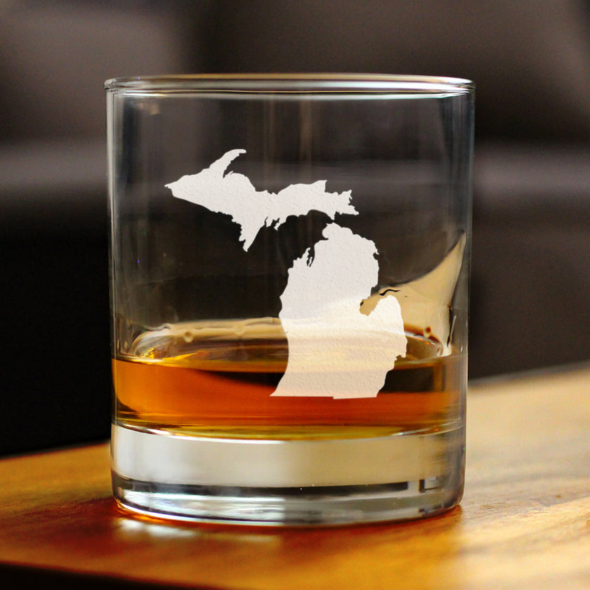 Michigan State Outline Whiskey Rocks Glass - State Themed Drinking Decor and Gifts for Michigander Women & Men - 10.25 Oz Whisky Tumbler Glasses
