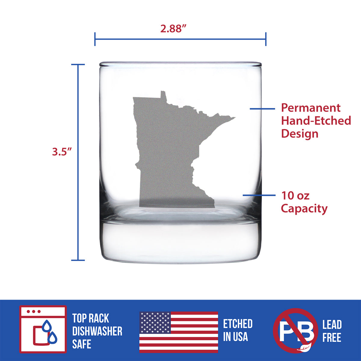 Minnesota State Outline Whiskey Rocks Glass - State Themed Drinking Decor and Gifts for Minnesotan Women &amp; Men - 10.25 Oz Whisky Tumbler Glasses