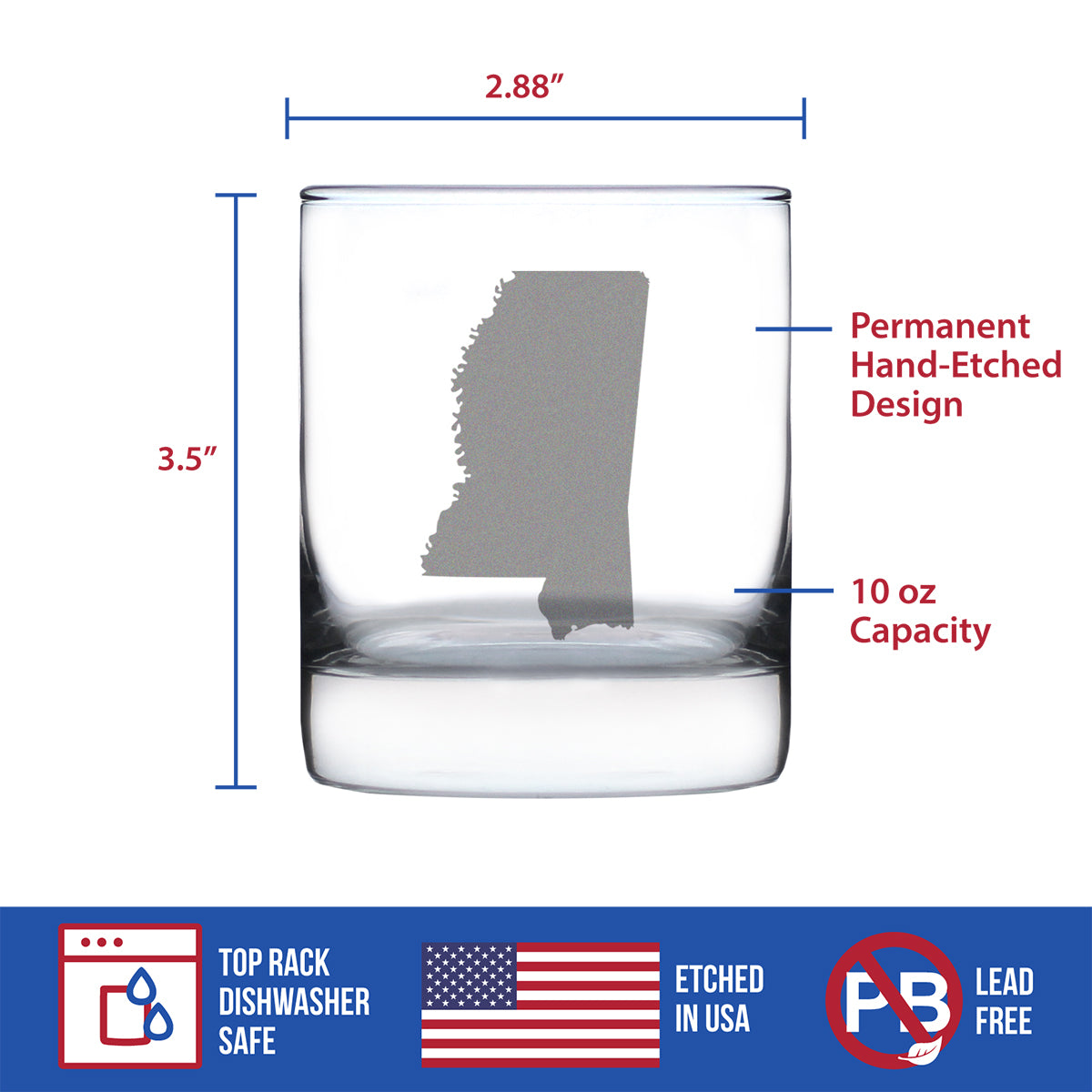 Mississippi State Outline Whiskey Rocks Glass - State Themed Drinking Decor and Gifts for Mississippian Women &amp; Men - 10.25 Oz Whisky Tumbler Glasses
