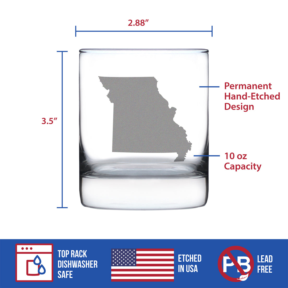 Missouri State Outline Whiskey Rocks Glass - State Themed Drinking Decor and Gifts for Missourian Women & Men - 10.25 Oz Whisky Tumbler Glasses