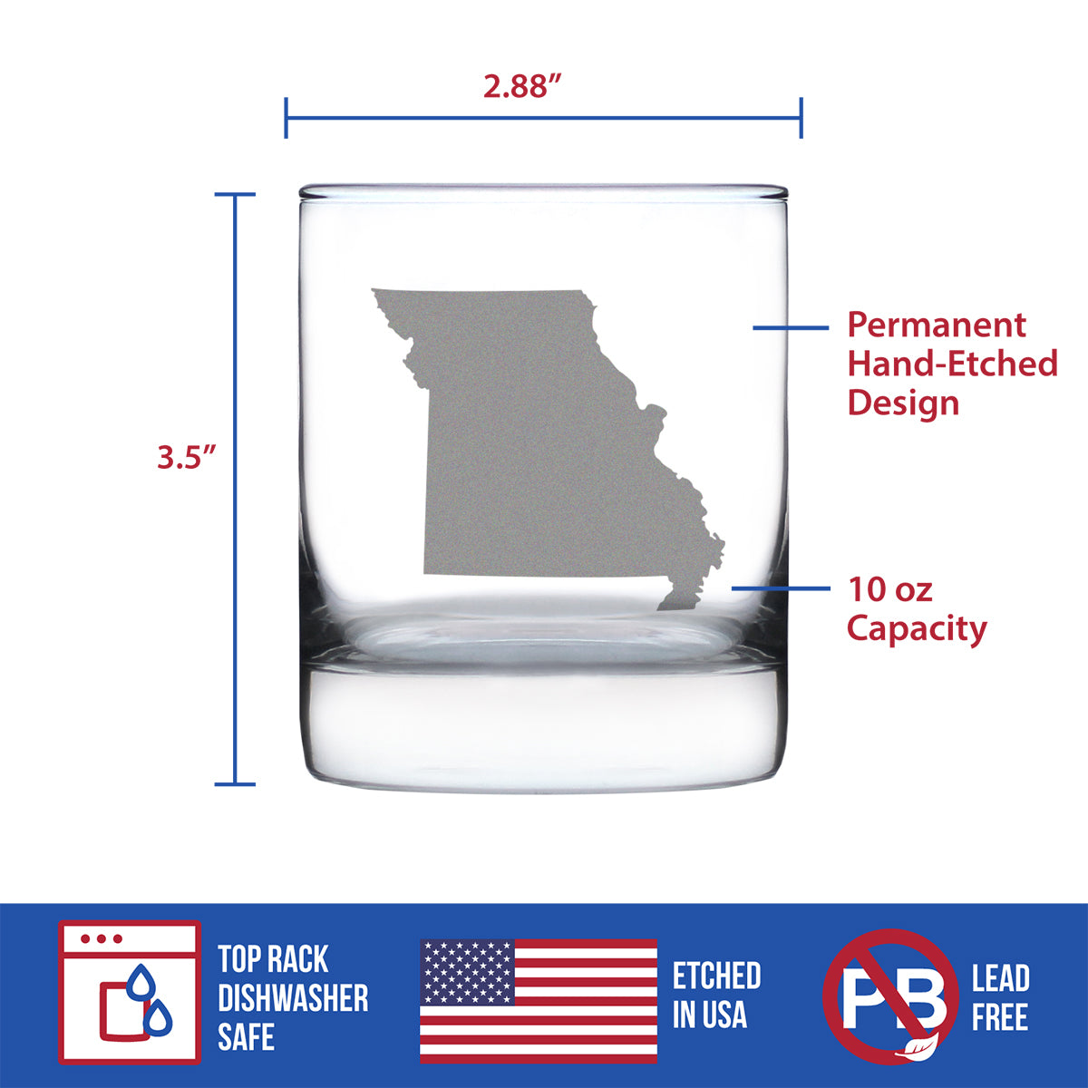 Missouri State Outline Whiskey Rocks Glass - State Themed Drinking Decor and Gifts for Missourian Women &amp; Men - 10.25 Oz Whisky Tumbler Glasses