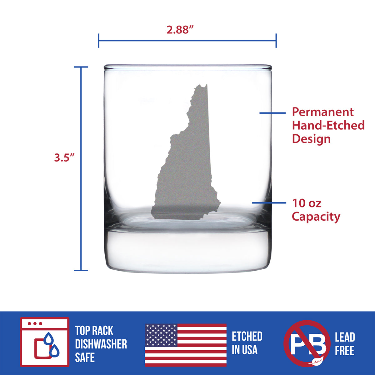 New Hampshire State Outline Whiskey Rocks Glass - State Themed Drinking Decor and Gifts for New Hampshirite Women &amp; Men - 10.25 Oz Whisky Tumbler Glasses