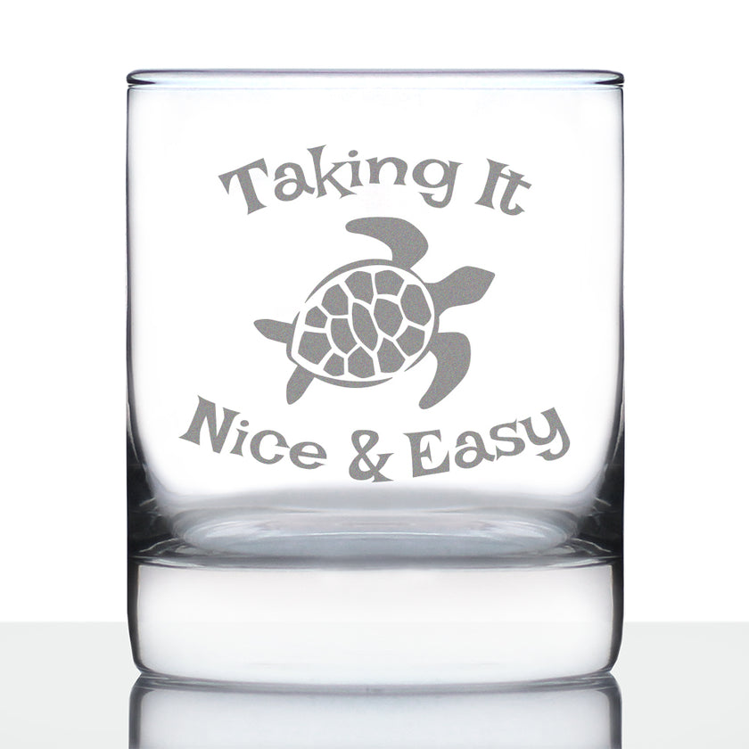 Taking It Nice & Easy Sea Turtle Whiskey Rocks Glass - Unique Funny Etched Turtles Gift - 10.25 Oz