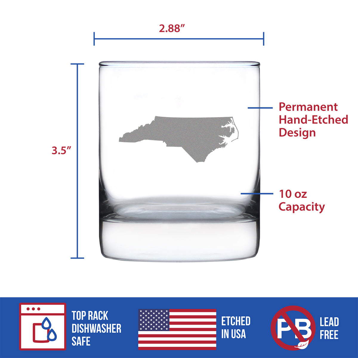 North Carolina State Outline Whiskey Rocks Glass - State Themed Drinking Decor and Gifts for North Carolinian Women &amp; Men - 10.25 Oz Whisky Tumbler Glasses