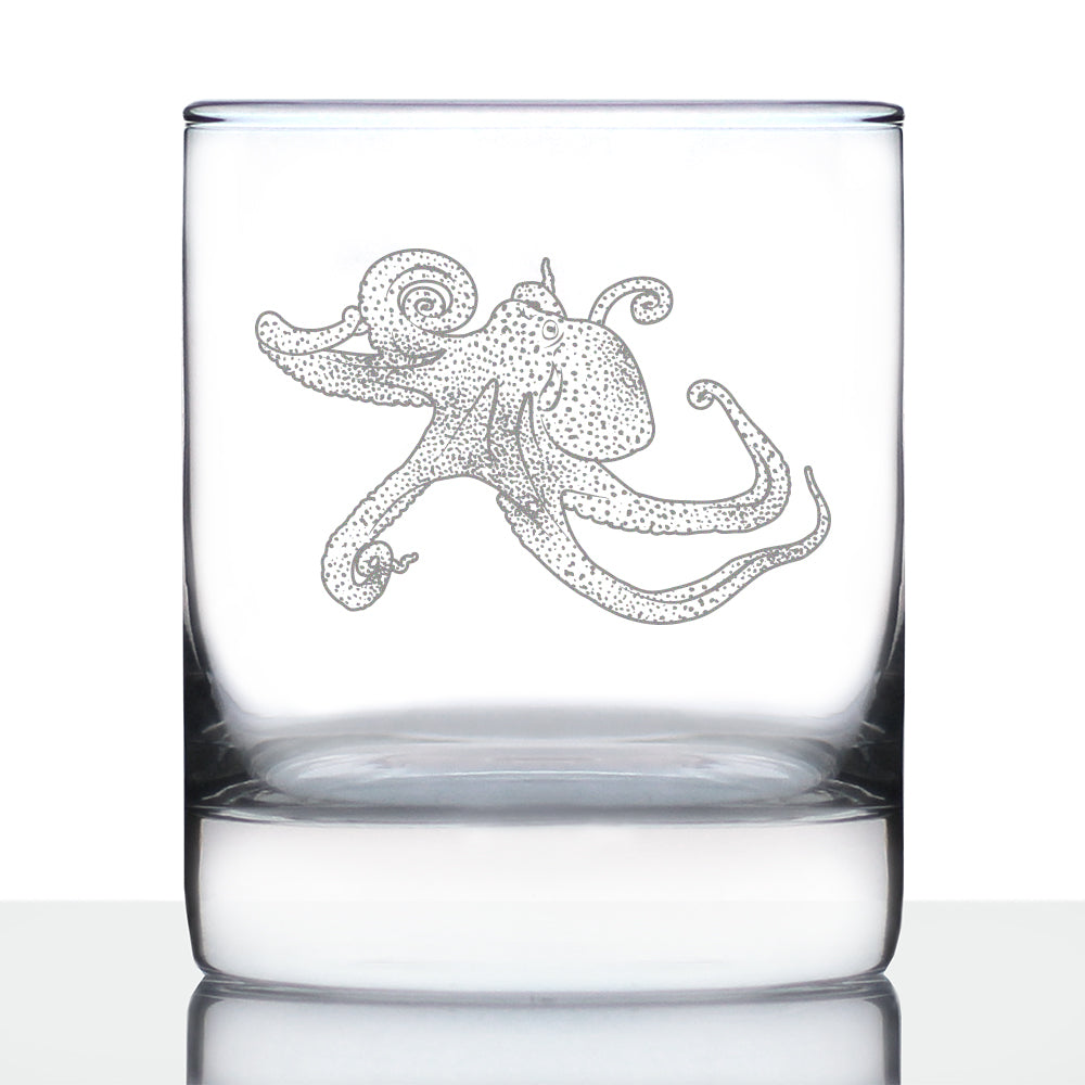 Octopus Engraved Whiskey Rocks Glass, Unique Decorative Gifts for Beach House, Nautical Birthday Gift for Men & Women Who Love Octopuses