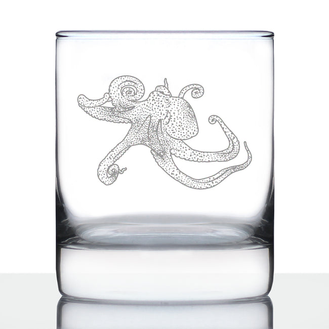 Octopus Engraved Whiskey Rocks Glass, Unique Decorative Gifts for Beach House, Nautical Birthday Gift for Men & Women Who Love Octopuses
