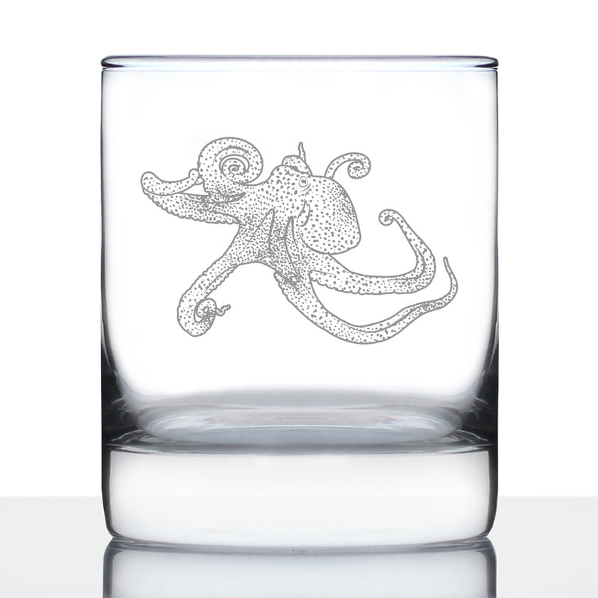 Octopus Engraved Whiskey Rocks Glass, Unique Decorative Gifts for Beach House, Nautical Birthday Gift for Men & Women Who Love Octopuses