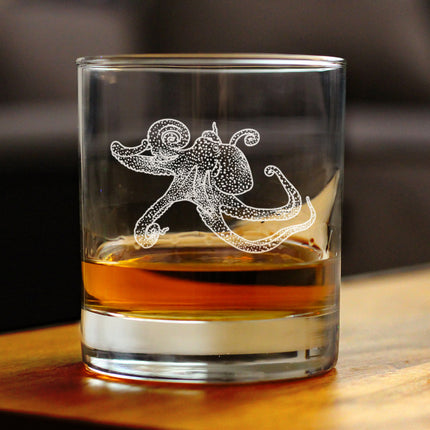 Octopus Engraved Whiskey Rocks Glass, Unique Decorative Gifts for Beach House, Nautical Birthday Gift for Men & Women Who Love Octopuses