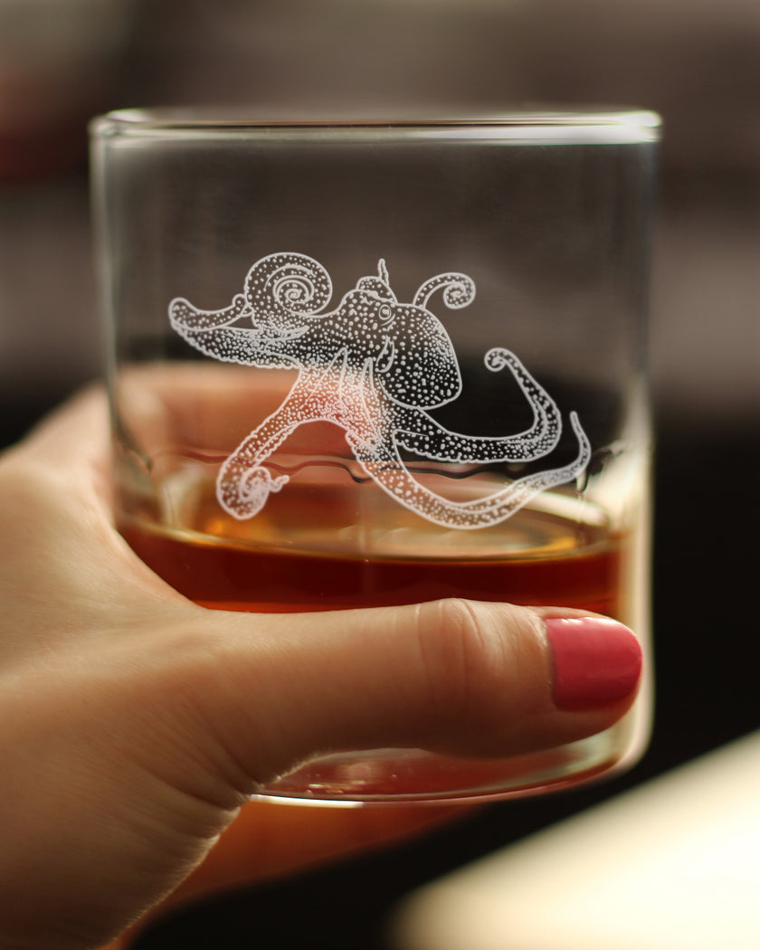 Octopus Engraved Whiskey Rocks Glass, Unique Decorative Gifts for Beach House, Nautical Birthday Gift for Men & Women Who Love Octopuses