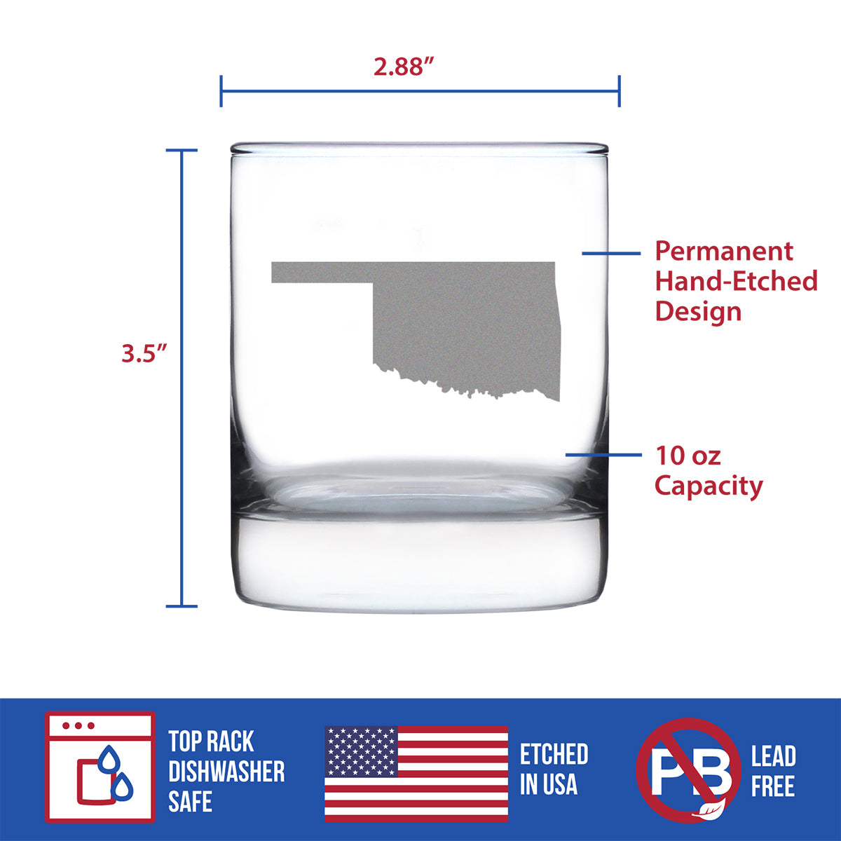 Oklahoma State Outline Whiskey Rocks Glass - State Themed Drinking Decor and Gifts for Oklahoman Women &amp; Men - 10.25 Oz Whisky Tumbler Glasses