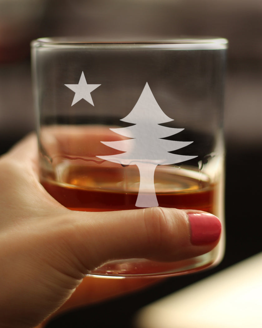Old Maine Flag Whiskey Rocks Glass - Original 1901 State of Maine Flag Gifts for Women & Men Mainers - 10.25 Oz Whisky Tumbler Glasses