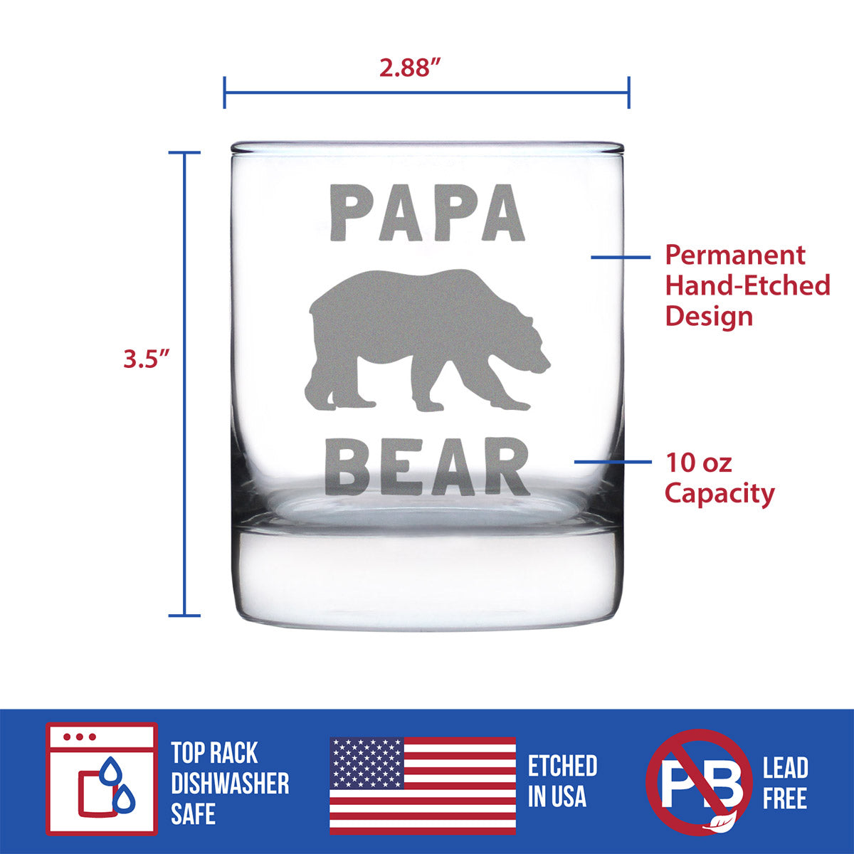 Papa Bear Whiskey Rocks Glass - Cute Funny Dad Gift Ideas for Father&#39;s Day or Birthday - 10.25 Oz Glasses