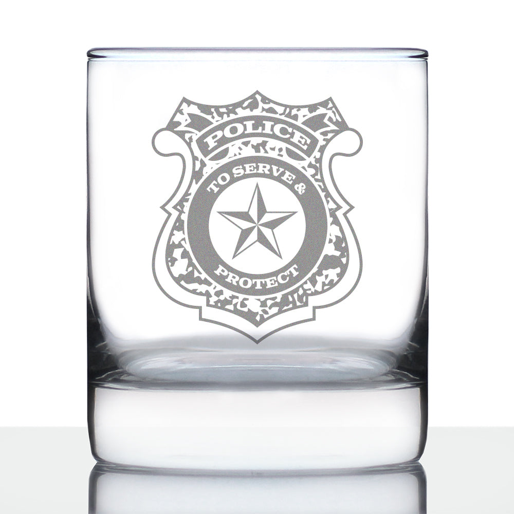 Police Badge Engraved 10 Oz Rocks or Old Fashioned Glass, Unique Gifts for Police Officers, Law Enforcement Gift
