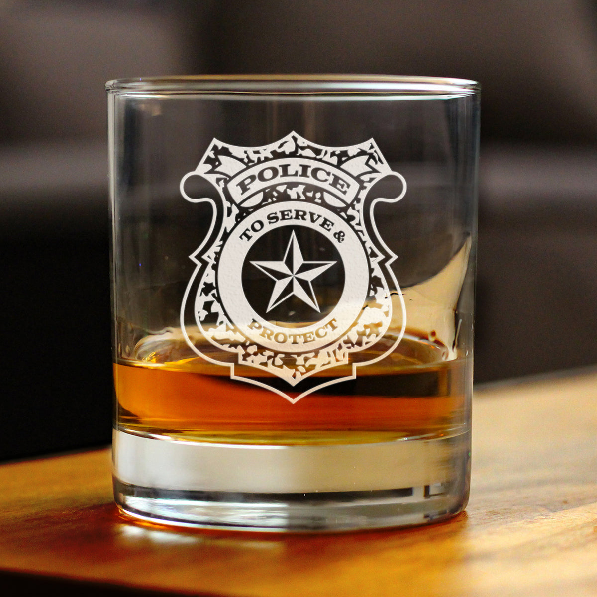 Police Badge Engraved 10 Oz Rocks or Old Fashioned Glass, Unique Gifts for Police Officers, Law Enforcement Gift