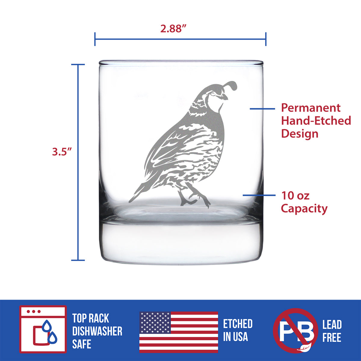 Quail Whiskey Rocks Glass - Fun Bird Themed Gifts and Decor for Men &amp; Women - 10.25 Glasses
