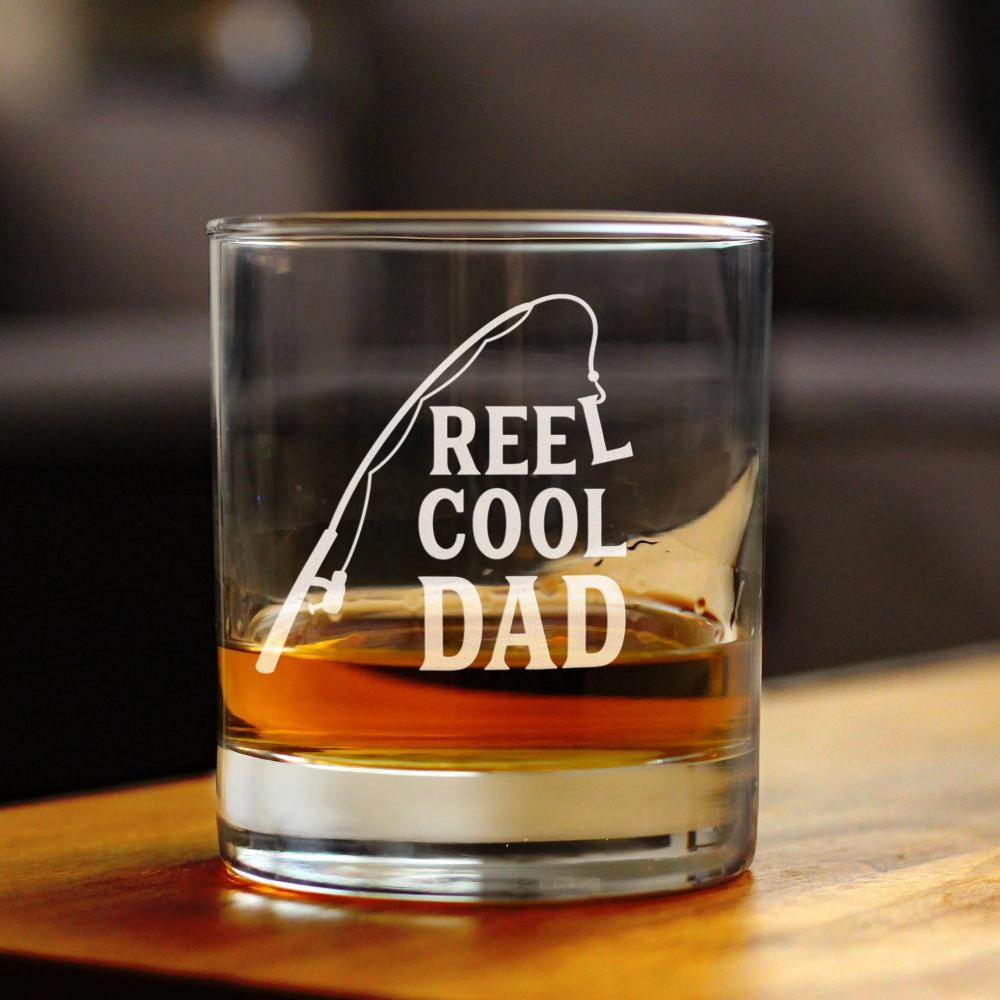 Reel Cool Dad - Funny Whiskey Rocks Glass - Fishing Gifts for Fathers - Engraved 10.25 oz Glasses - Fun Fish Cups