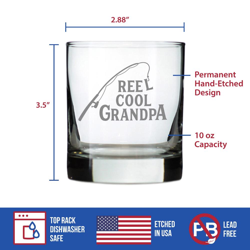 Reel Cool Grandpa - Funny Whiskey Rocks Glass - Fishing Gifts for Grandpas - Engraved 10.25 oz Glasses - Fun Fish Cups