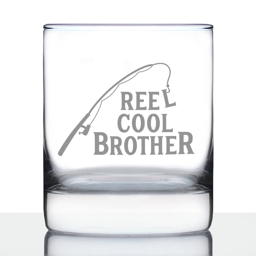 Reel Cool Brother - Funny Whiskey Rocks Glass - Fishing Gifts for Brothers - Engraved 10.25 oz Glasses - Fun Fish Cups