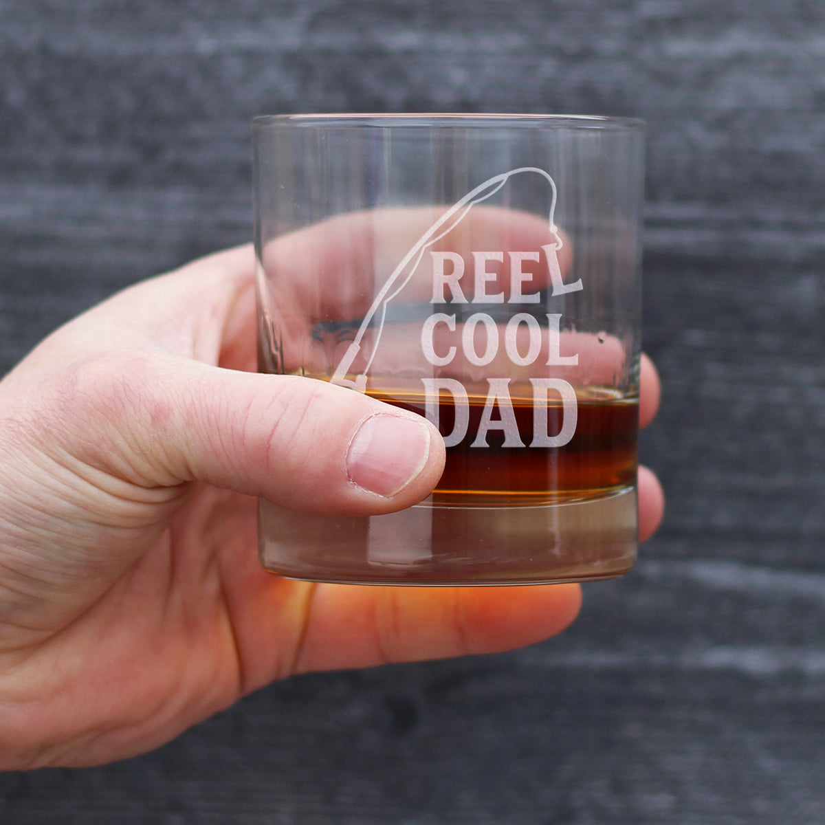 Reel Cool Dad - Funny Whiskey Rocks Glass - Fishing Gifts for Fathers - Engraved 10.25 oz Glasses - Fun Fish Cups
