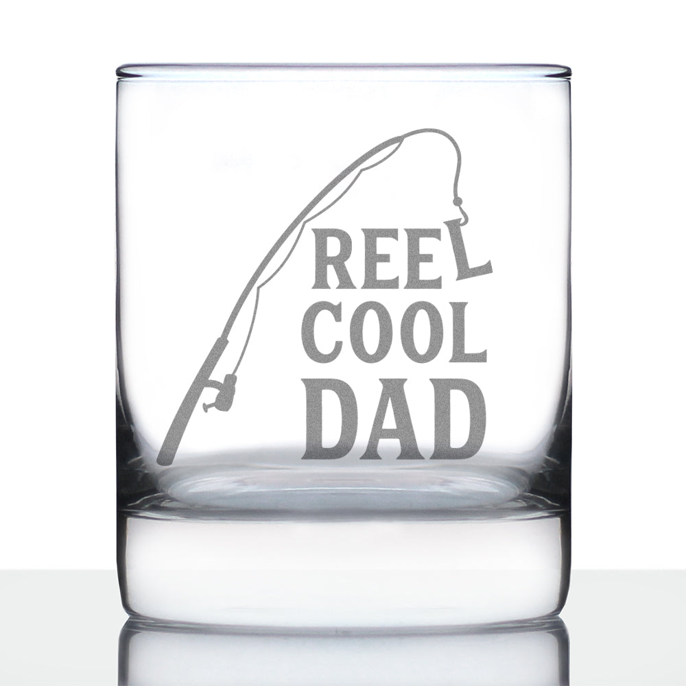 Reel Cool Dad - Funny Whiskey Rocks Glass - Fishing Gifts for Fathers -  Engraved 10.25 oz Glasses - Fun Fish Cups
