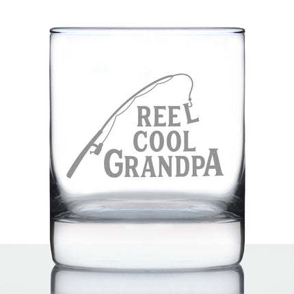 Reel Cool Grandpa - Funny Whiskey Rocks Glass - Fishing Gifts for Grandpas - Engraved 10.25 oz Glasses - Fun Fish Cups