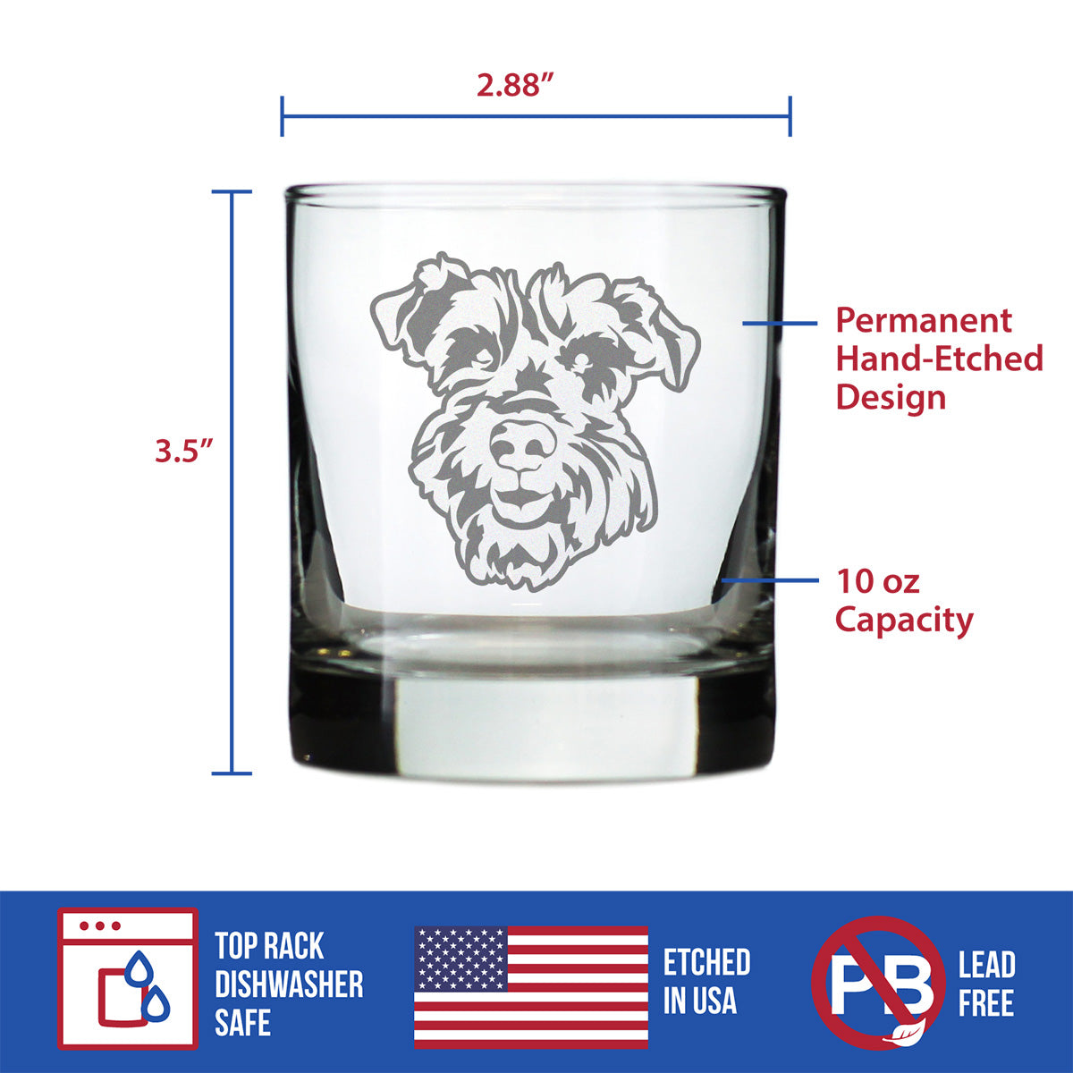 Schnauzer Face Whiskey Rocks Glass - Unique Dog Themed Decor and Gifts for Moms &amp; Dads of Schnauzers - 10.25 Oz