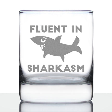 Fluent in Sharkasm - Funny Shark Whiskey Rocks Glass Gifts for Sarcastic Men & Women - Fun Whisky Drinking Tumbler Décor