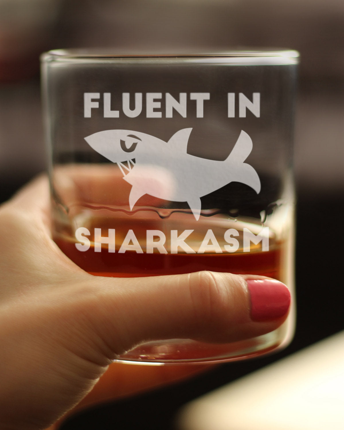 Fluent in Sharkasm - Funny Shark Whiskey Rocks Glass Gifts for Sarcastic Men &amp; Women - Fun Whisky Drinking Tumbler Décor