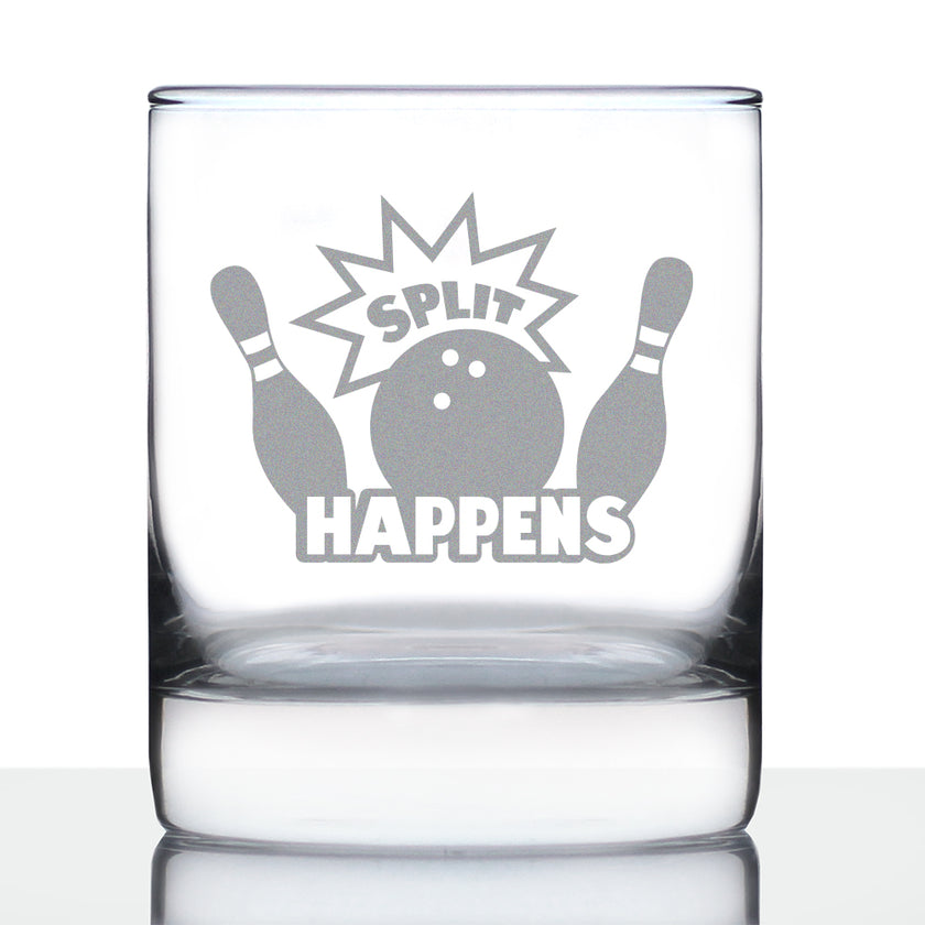 Split Happens Whiskey Rocks Glass - Funny Bowling Themed Gifts and Décor for Bowlers - 10.25 Oz Glass