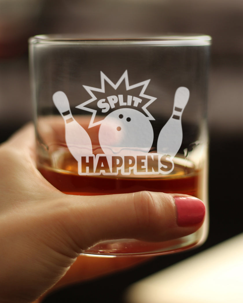 Split Happens Whiskey Rocks Glass - Funny Bowling Themed Gifts and Décor for Bowlers - 10.25 Oz Glass