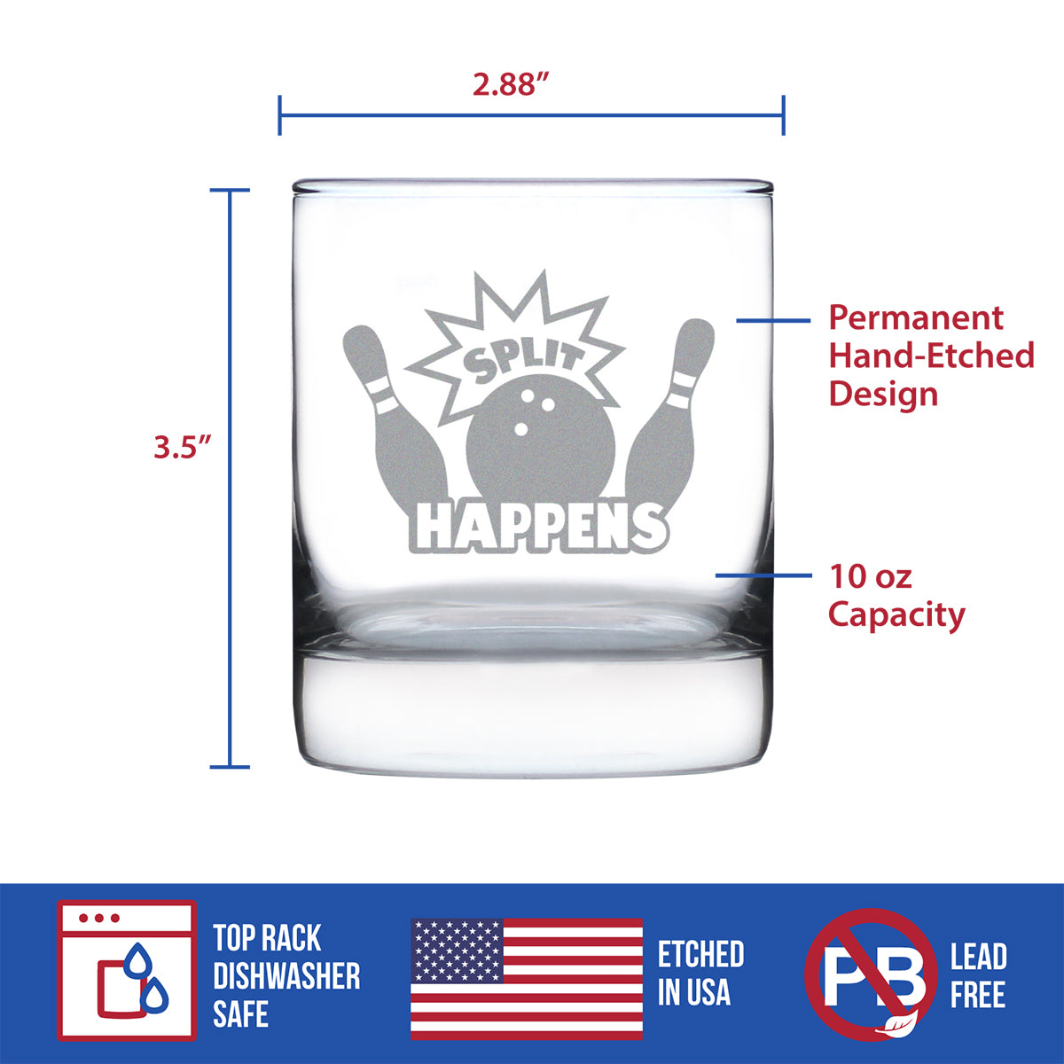 Split Happens Whiskey Rocks Glass - Funny Bowling Themed Gifts and Décor for Bowlers - 10.25 Oz Glass