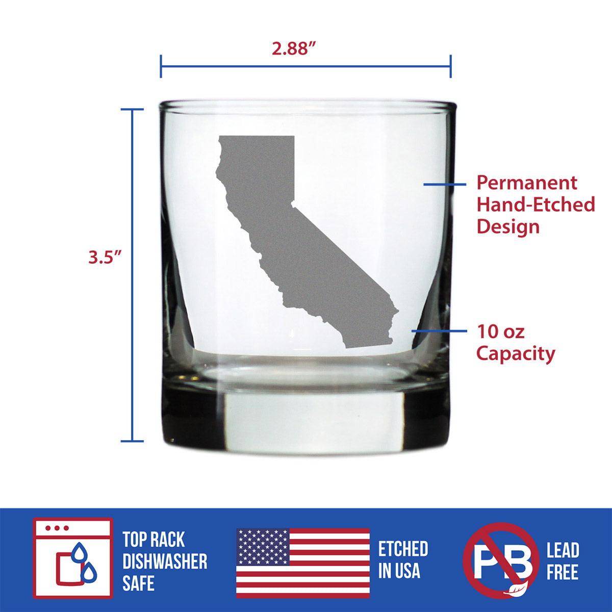 California State Outline Whiskey Rocks Glass - State Themed Drinking Decor and Gifts for Californian Women &amp; Men - 10.25 Oz Whisky Tumbler Glasses