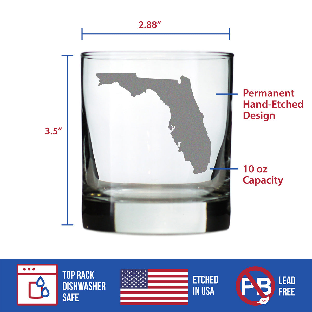 Florida State Outline Whiskey Rocks Glass - State Themed Drinking Decor and Gifts for Floridian Women &amp; Men - 10.25 Oz Whisky Tumbler Glasses