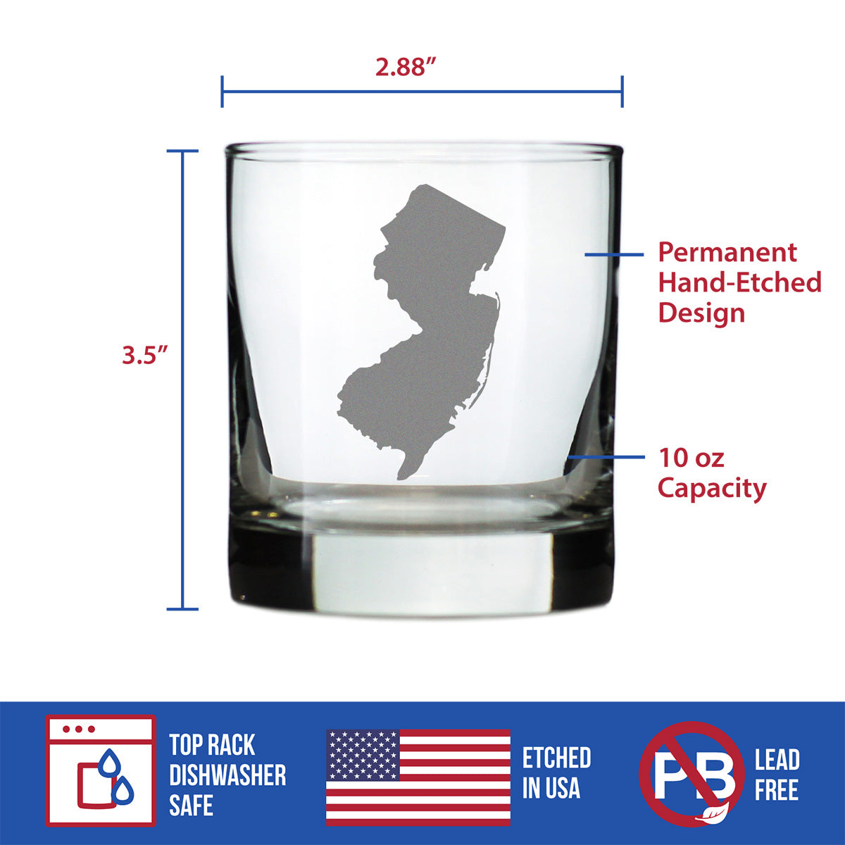 New Jersey State Outline Whiskey Rocks Glass - State Themed Drinking Decor and Gifts for New Jerseyan Women &amp; Men - 10.25 Oz Whisky Tumbler Glasses