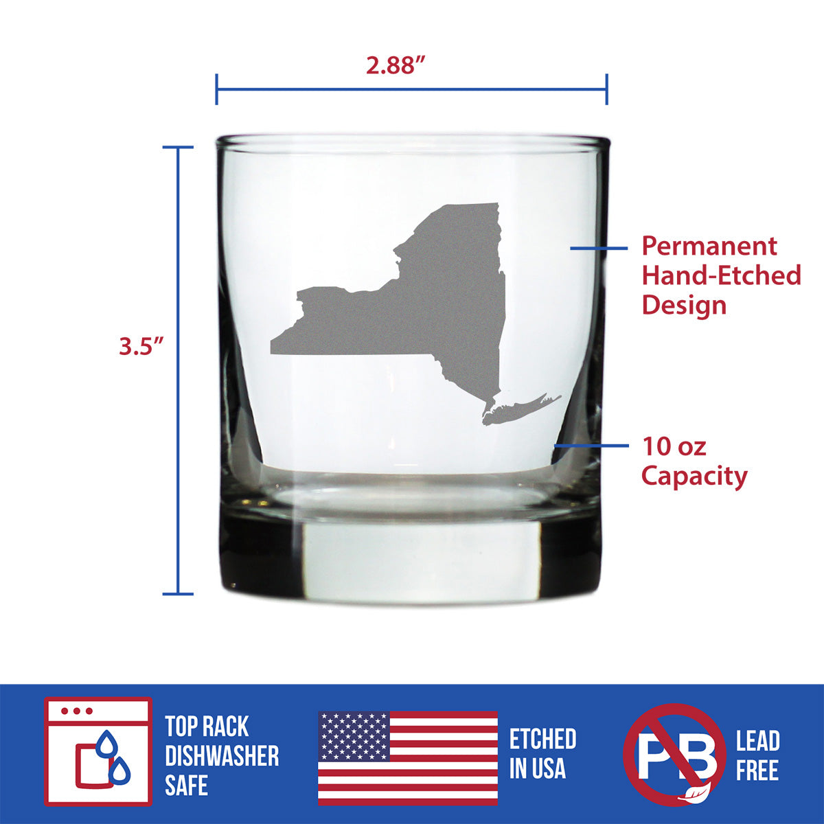 New York State Outline Whiskey Rocks Glass - State Themed Drinking Decor and Gifts for New Yorker Women &amp; Men - 10.25 Oz Whisky Tumbler Glasses