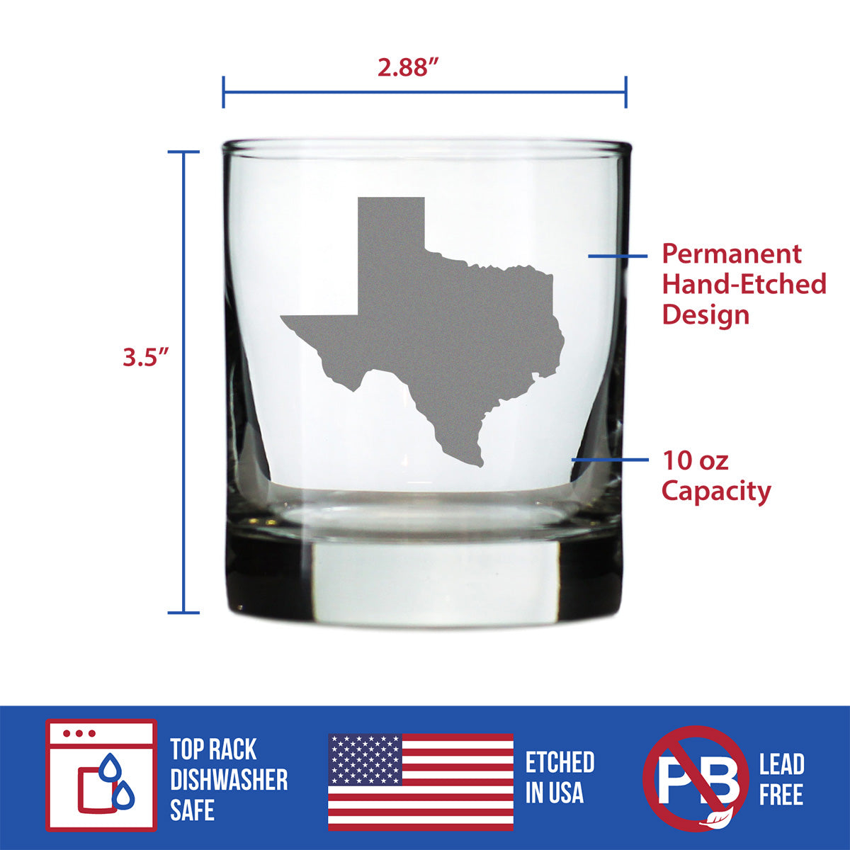 Texas State Outline Whiskey Rocks Glass - State Themed Drinking Decor and Gifts for Texan Women & Men - 10.25 Oz Whisky Tumbler Glasses