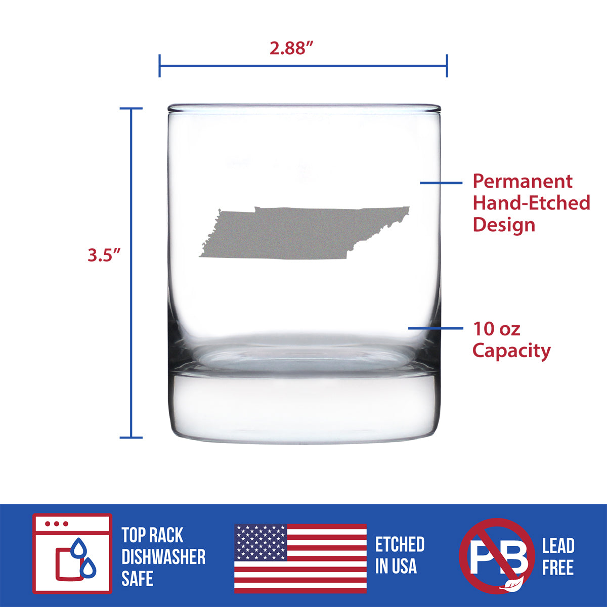 Tennessee State Outline Whiskey Rocks Glass - State Themed Drinking Decor and Gifts for Tennesseean Women &amp; Men - 10.25 Oz Whisky Tumbler Glasses
