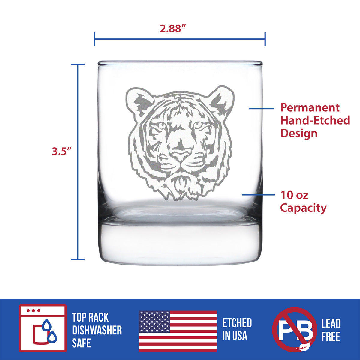 Tiger Face Whiskey Rocks Glass - Unique Tiger Themed Decor and Gifts for Animal Lovers - 10.25 Oz Glasses