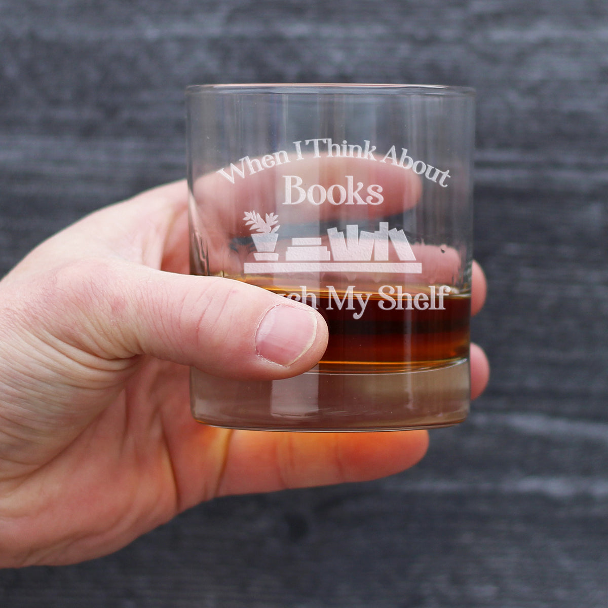 When I Think About Books I Touch My Shelf Whiskey Rocks Glass - Funny Book Club Gifts for Lovers of Reading &amp; Whisky