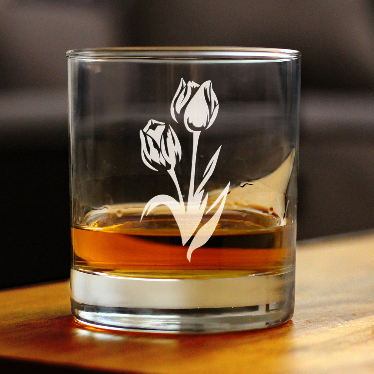 Tulip Whiskey Rocks Glass - Floral Themed Decor and Gifts for Flower Lovers - 10.25 Oz Glasses