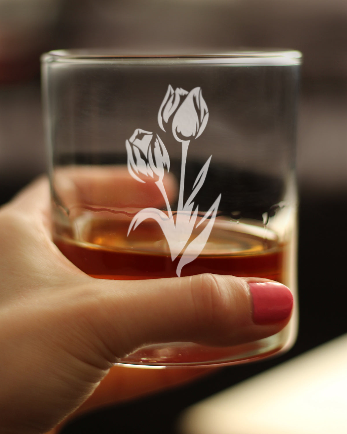 Tulip Whiskey Rocks Glass - Floral Themed Decor and Gifts for Flower Lovers - 10.25 Oz Glasses